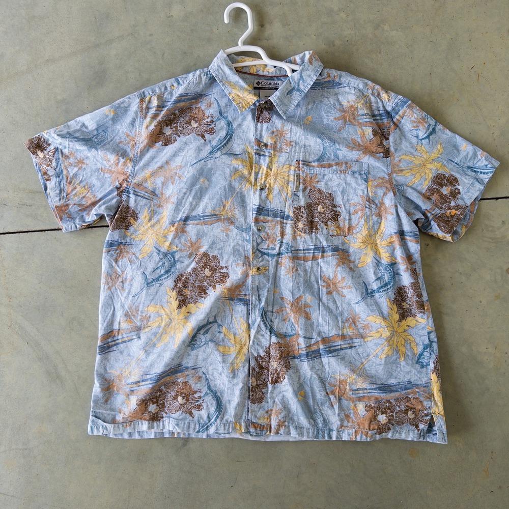 Columbia Mens XXL Tropical Fish Floral Hawaiian Shirt Short Sleeve Cotton Blue